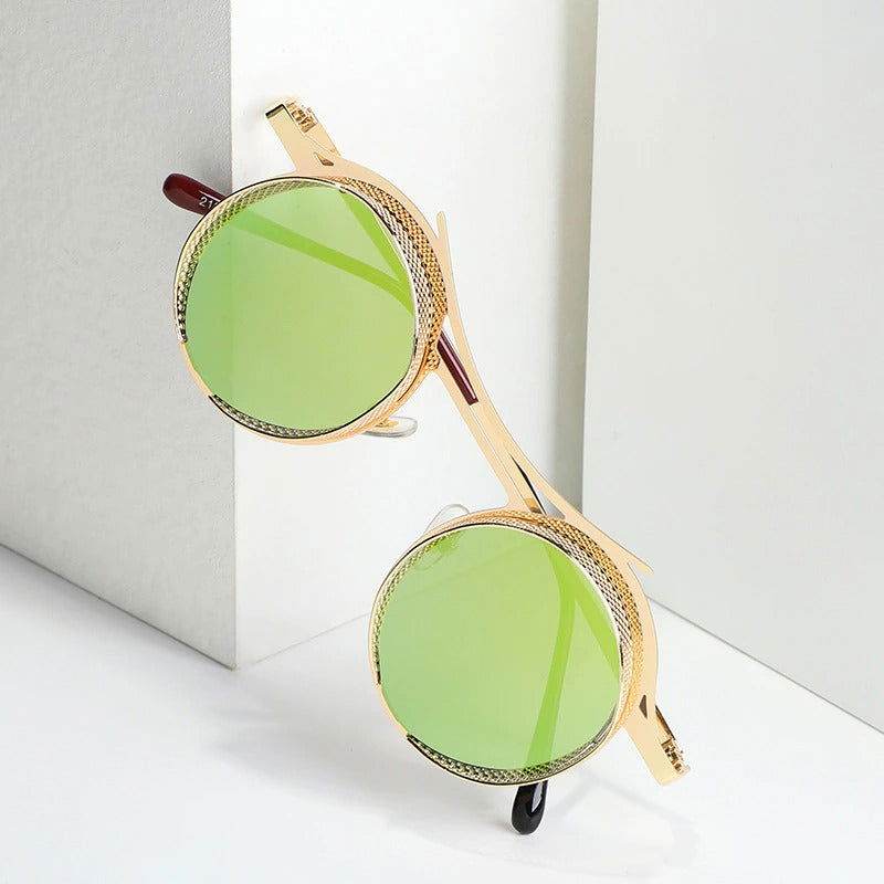 Sunglass Lover gold metal round steampunk sunglasses with green mirrored lenses and decorative mesh rim