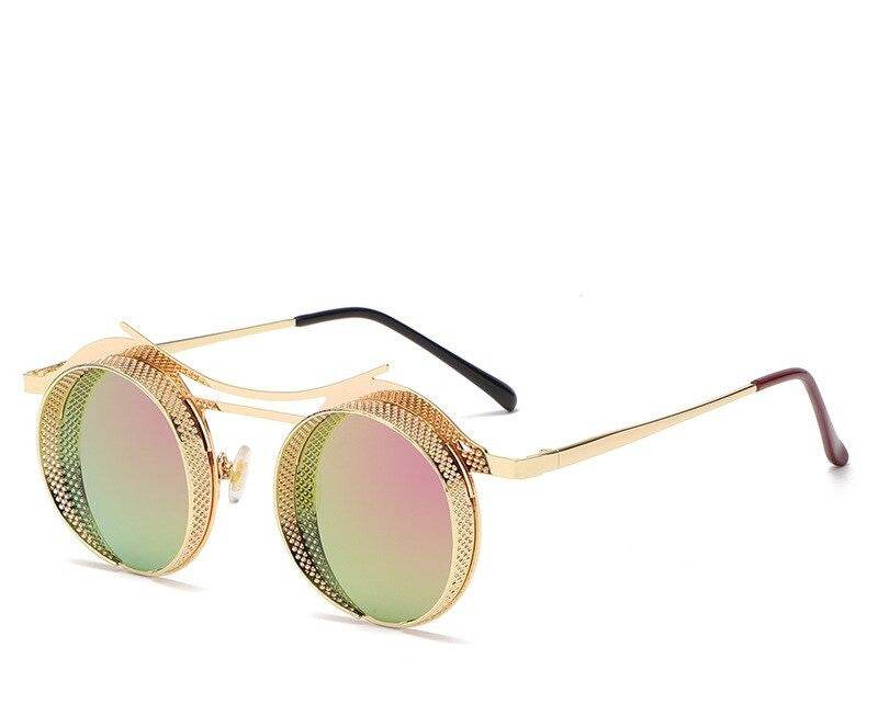 Sunglass Lover gold metal round steampunk sunglasses with mirrored green lenses and decorative mesh frames for festival style
