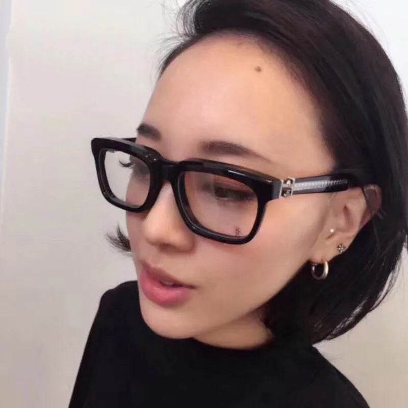 Sunglass Lover rectangle eyeglasses black frames on model retro blue light blocking glasses