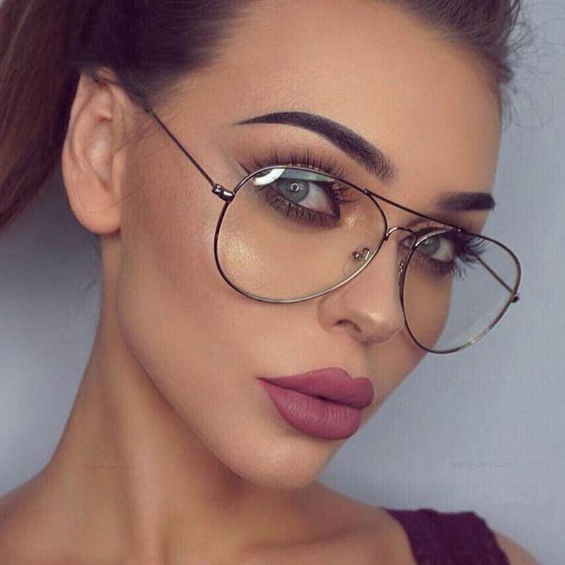 Sunglass Lover aviation metal frame eyeglasses on female model oversized aviator style clear lenses