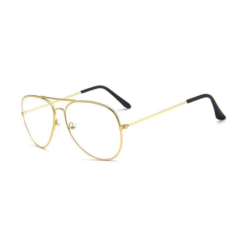 Sunglass Lover gold aviator eyeglasses with thin wire construction and black temple tips aviation metal frame eyeglasses