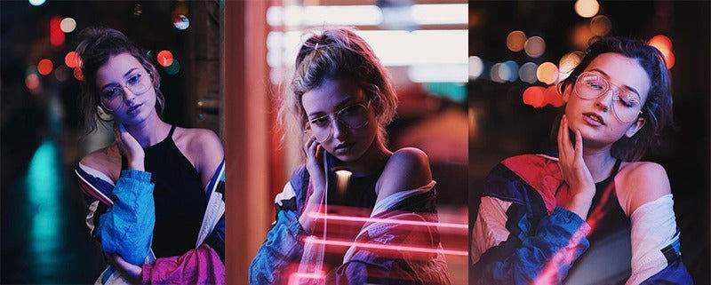 Sunglass Lover aviation metal frame eyeglasses worn by model in neon city night triptych urban style