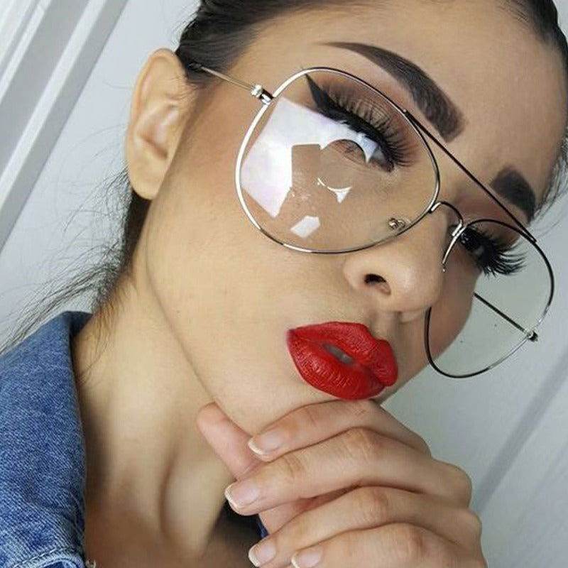 Sunglass Lover aviation metal frame eyeglasses on woman with silver frames clear lenses and red lipstick