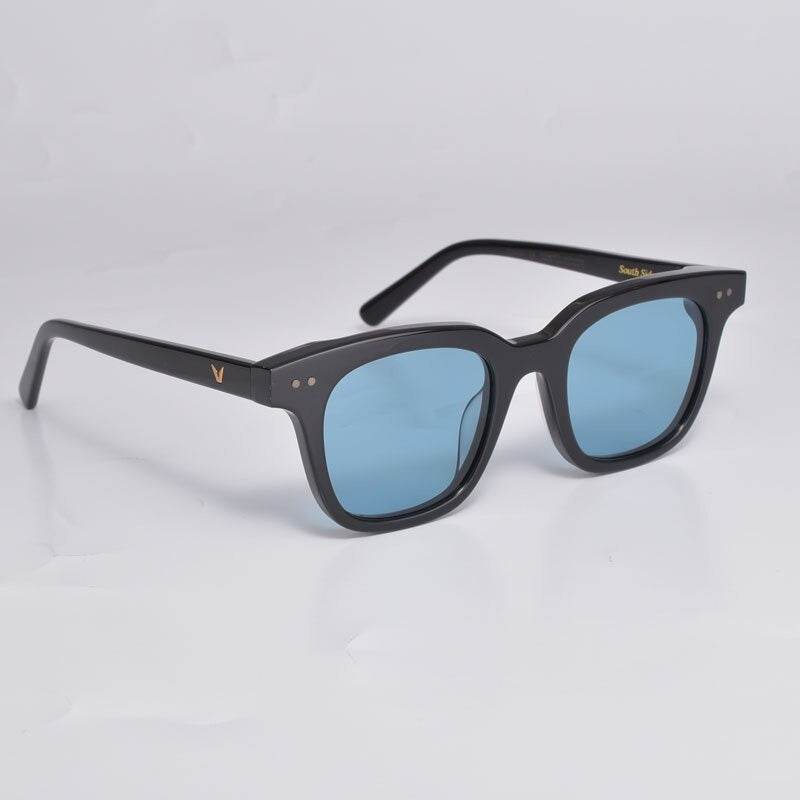 Sunglass Lover black acetate sunglasses with blue lenses fashion rectangle sunglasses for women and gold rivet detail
