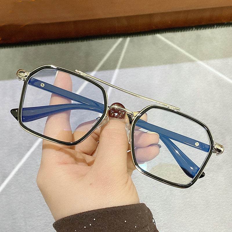 Sunglass Lover oversized square metal eyeglasses frames in silver with thin bridge and blue temple accents