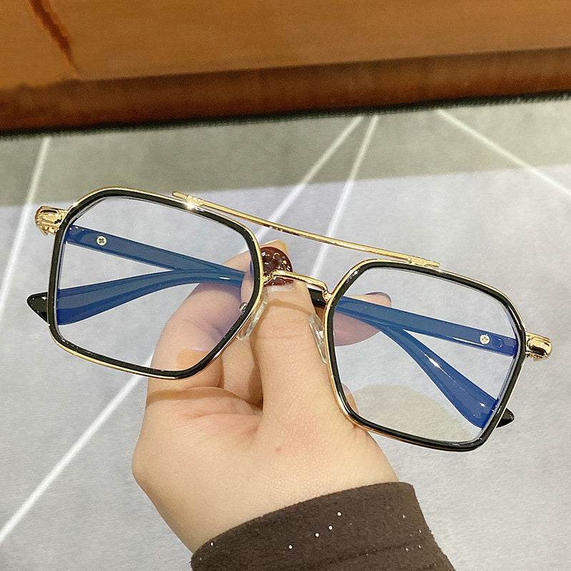Sunglass Lover oversized square metal eyeglasses frames in gold with blue temples and double bridge