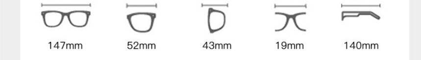 Sunglass Lover oversized square metal eyeglasses frames diagram with 147mm width 52mm lens 19mm bridge 140mm temple