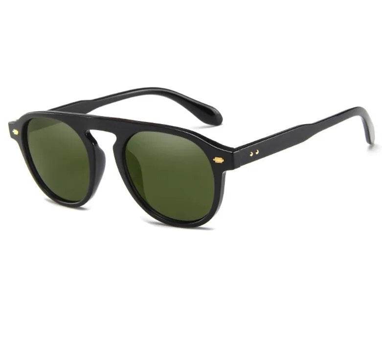 Sunglass Lover black frame with green lenses and gold accents retro oval vintage sunglasses