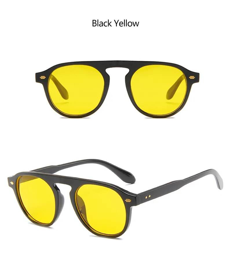 Sunglass Lover black frame oval sunglasses with bright yellow lenses shown front and angled view retro oval vintage sunglasses