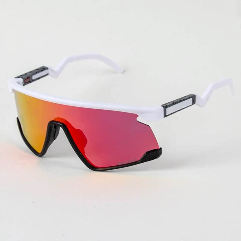 Sunglass Lover white frame sports shield sunglasses with red mirrored lens and black nose grip cycling sunglasses for men