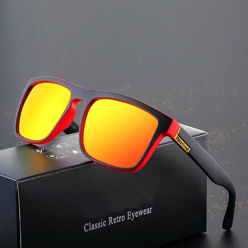 Sunglass Lover red and black frame sunglasses with mirrored orange lenses sports polarized sunglasses on black box