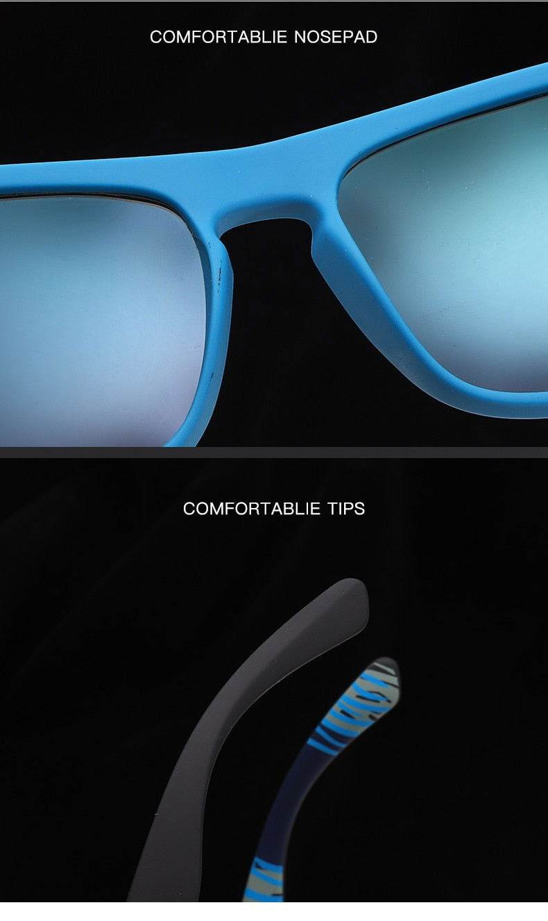 Blue Sunglass Lover close up of blue frame mirrored lenses and cushioned nosepad and tips sports polarized sunglasses