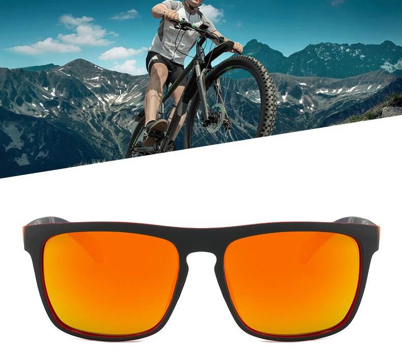 Sunglass Lover sports polarized sunglasses with black frame and orange mirrored lenses for cycling