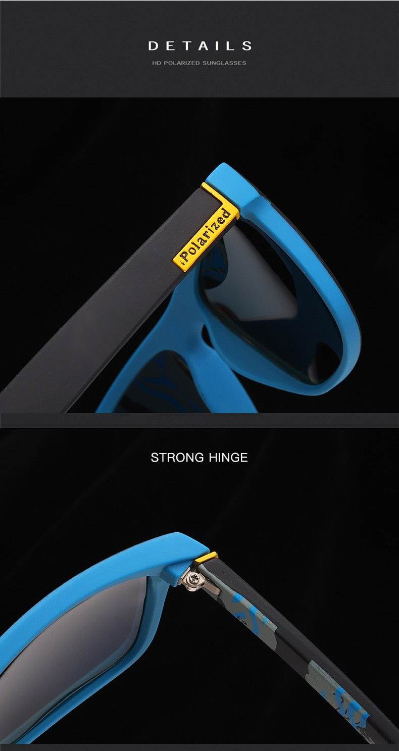 Sunglass Lover blue and black sports polarized sunglasses closeup showing polarized label and strong hinge