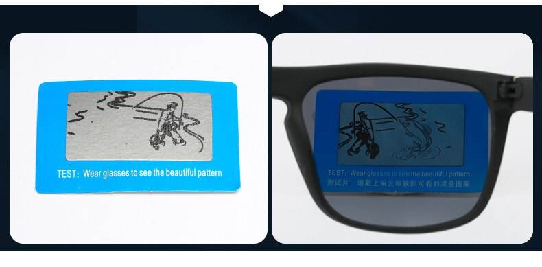 Sunglass Lover sports polarized sunglasses revealing hidden surfer image on polarization test card through lenses