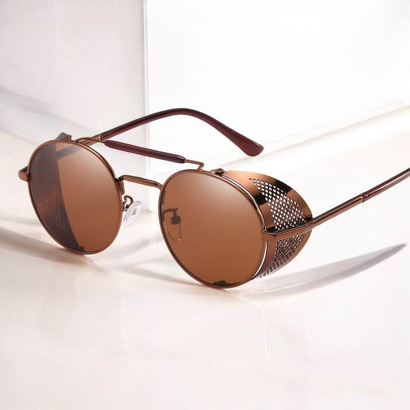 Sunglass Lover retro steampunk round sunglasses with brown lenses metal frame and perforated side shields