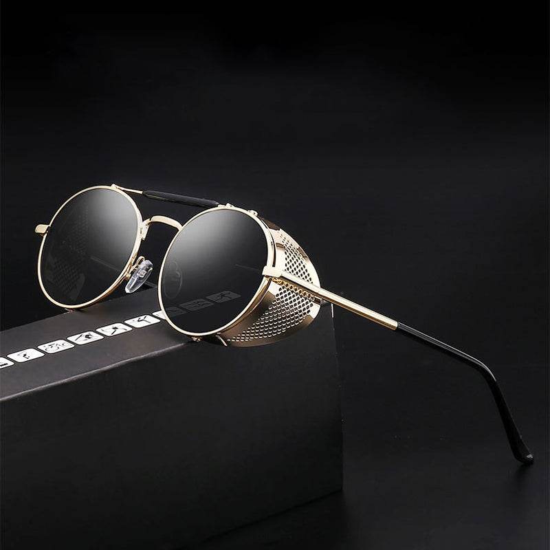 Sunglass Lover retro steampunk round sunglasses gold frame black lenses with mesh side shields and adjustable nose pads