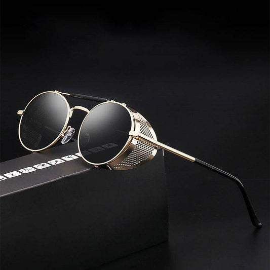 Sunglass Lover retro steampunk round sunglasses gold frame black lenses with mesh side shields and adjustable nose pads