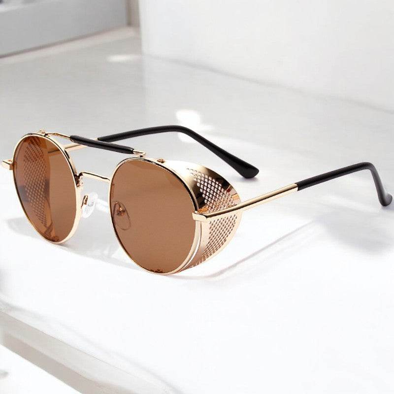 Sunglass Lover retro steampunk round sunglasses gold frame brown lenses perforated side shields