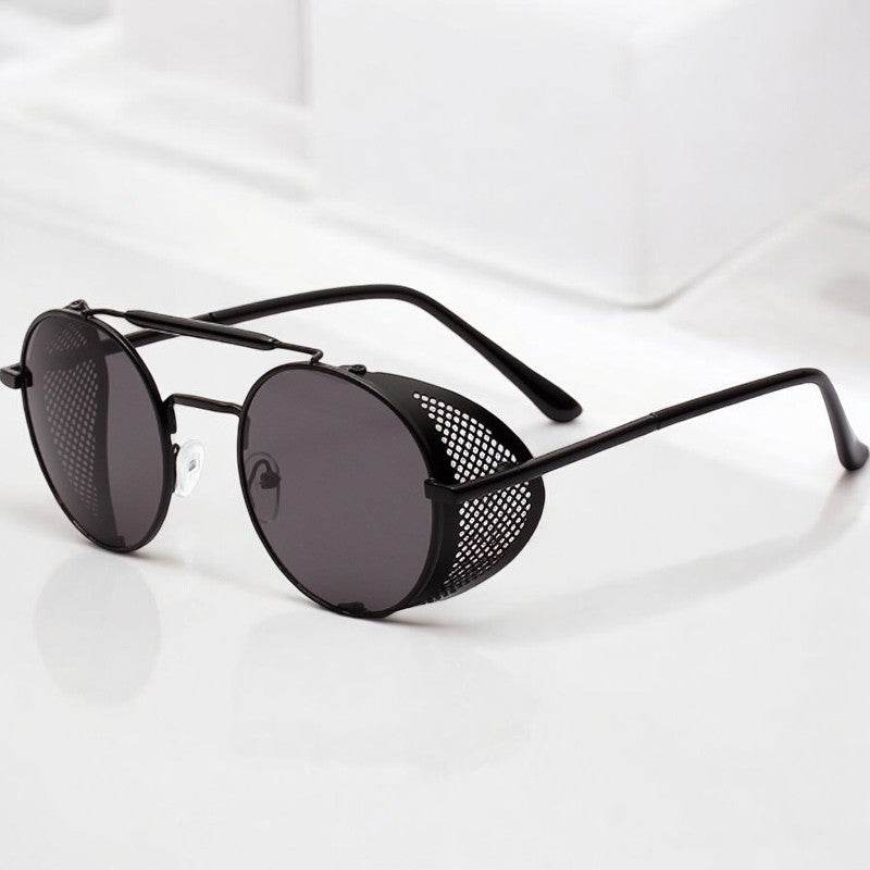 Sunglass Lover retro steampunk round sunglasses black metal frame with dark lenses and perforated side shields