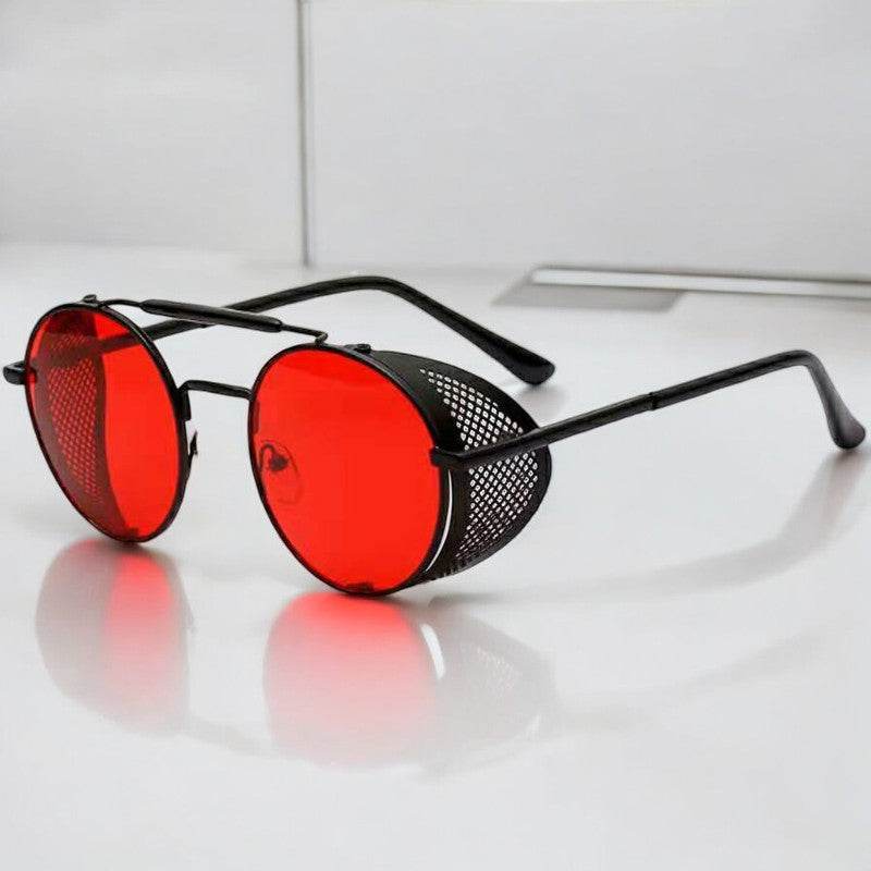 Sunglass Lover retro steampunk round sunglasses with black metal frame red lenses and perforated mesh side shields