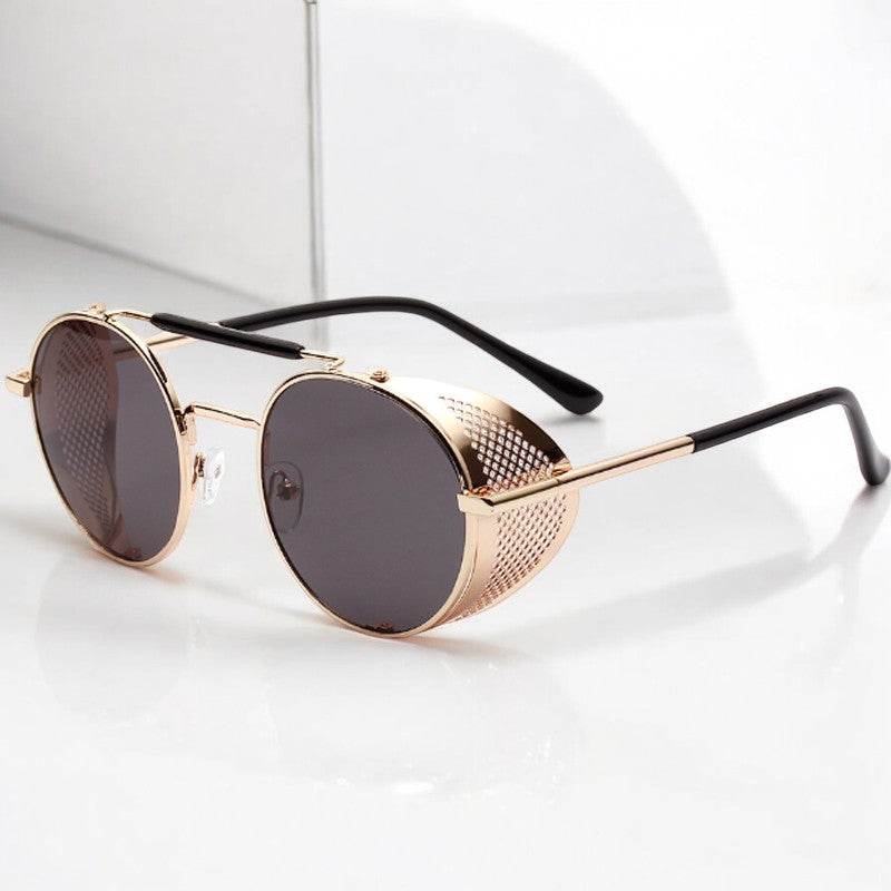 Sunglass Lover retro steampunk round sunglasses with gold metal frame perforated side shields and dark lenses