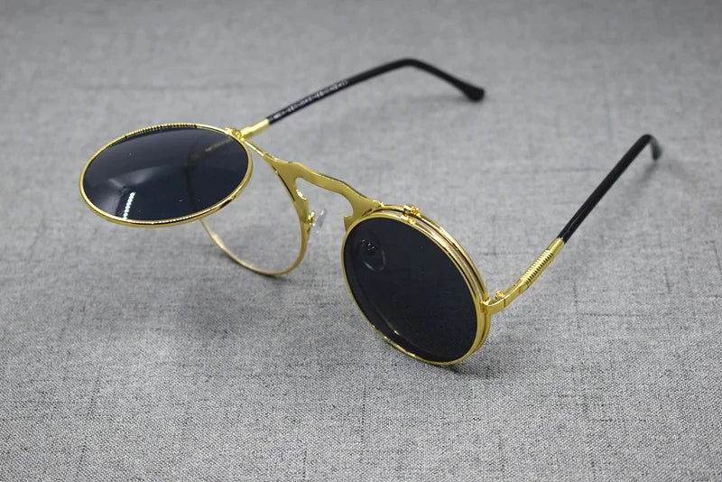 Sunglass Lover gold round metal frame flip up sunglasses with dark lenses and black temple tips
