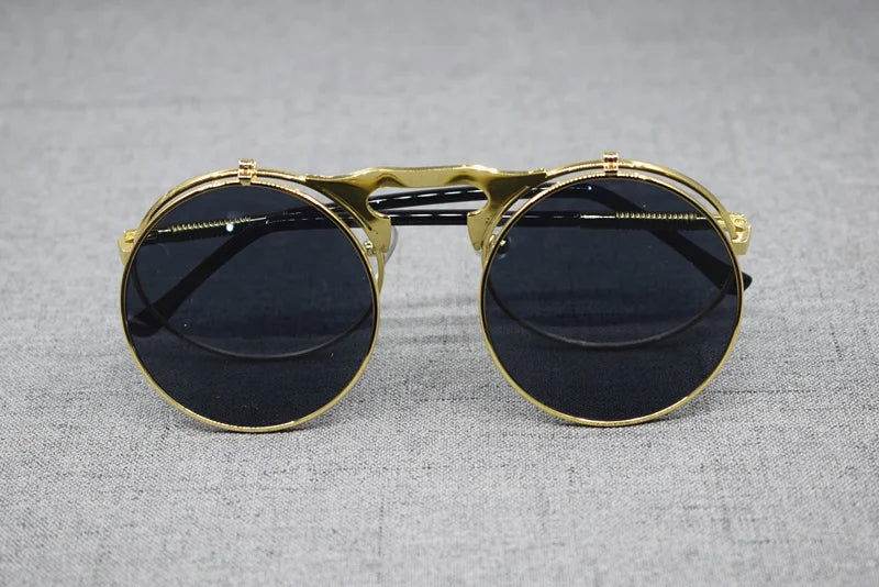 Sunglass Lover gold round metal flip up sunglasses with dark lenses and vintage double bridge