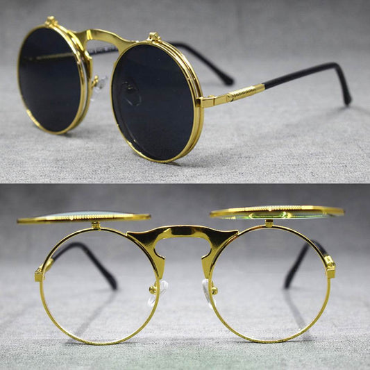 Sunglass Lover gold round metal flip up sunglasses with dark lenses and hinged flip up covers