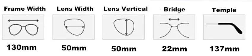 Sunglass Lover flip up sunglasses measurement diagram showing frame 130mm lens 50mm bridge 22mm temple 137mm