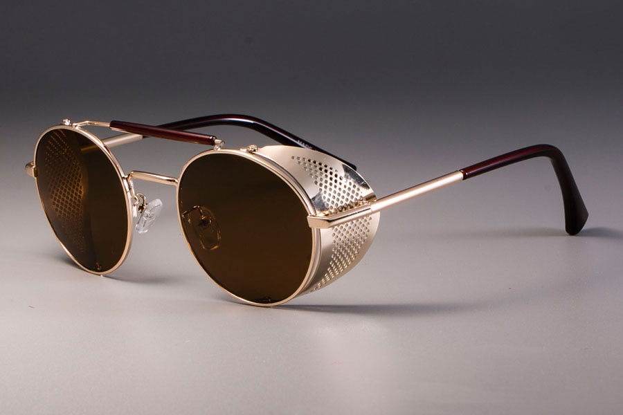 Sunglass Lover retro vintage round sunglasses gold frame with brown lenses and perforated side shields