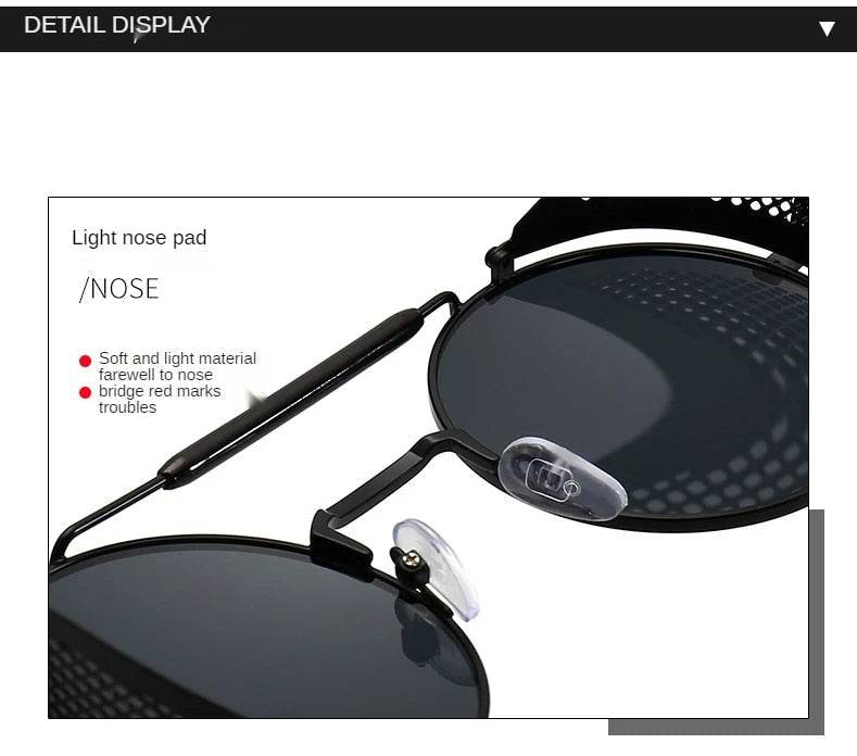 Sunglass Lover retro vintage round sunglasses close up of black metal frame double bridge and clear nose pads