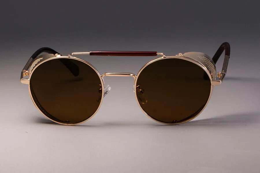 Sunglass Lover retro vintage round sunglasses gold frame brown lenses double bridge side shields stylish