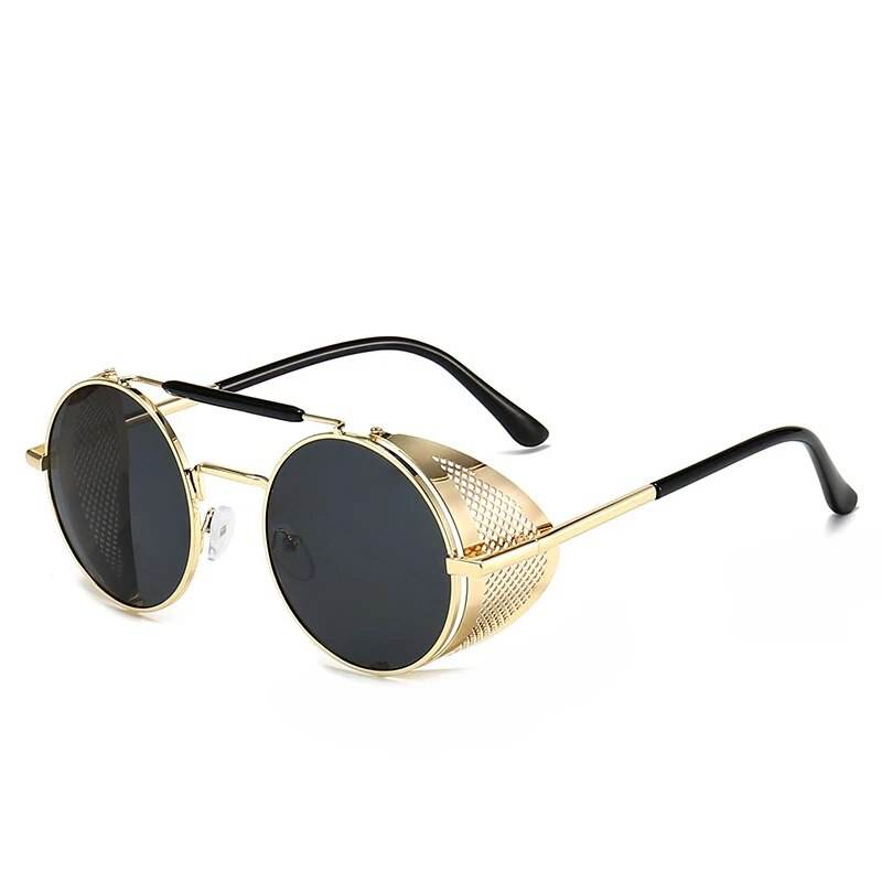 Sunglass Lover retro vintage round sunglasses gold metal frame with black lenses and perforated side shields steampunk style