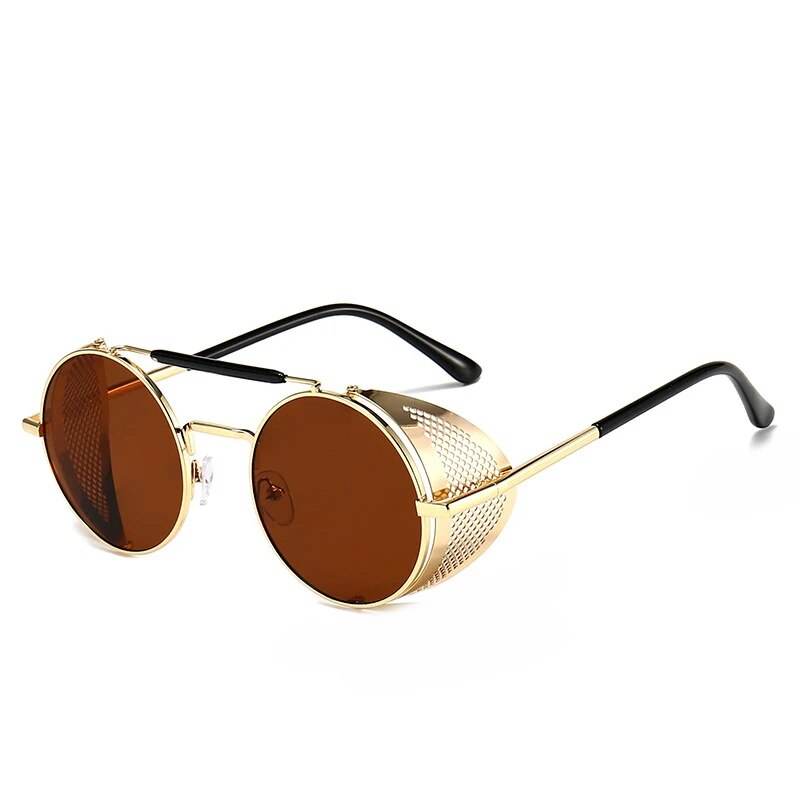 Sunglass Lover gold frame retro vintage round sunglasses with brown lenses and decorative side shields