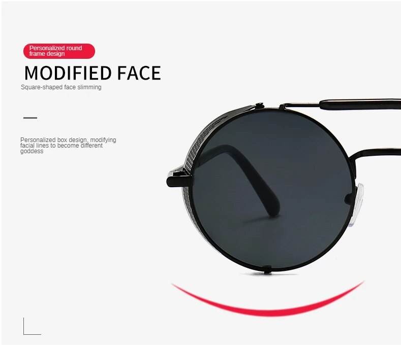 Sunglass Lover retro vintage round sunglasses in black metal frame with dark lenses closeup