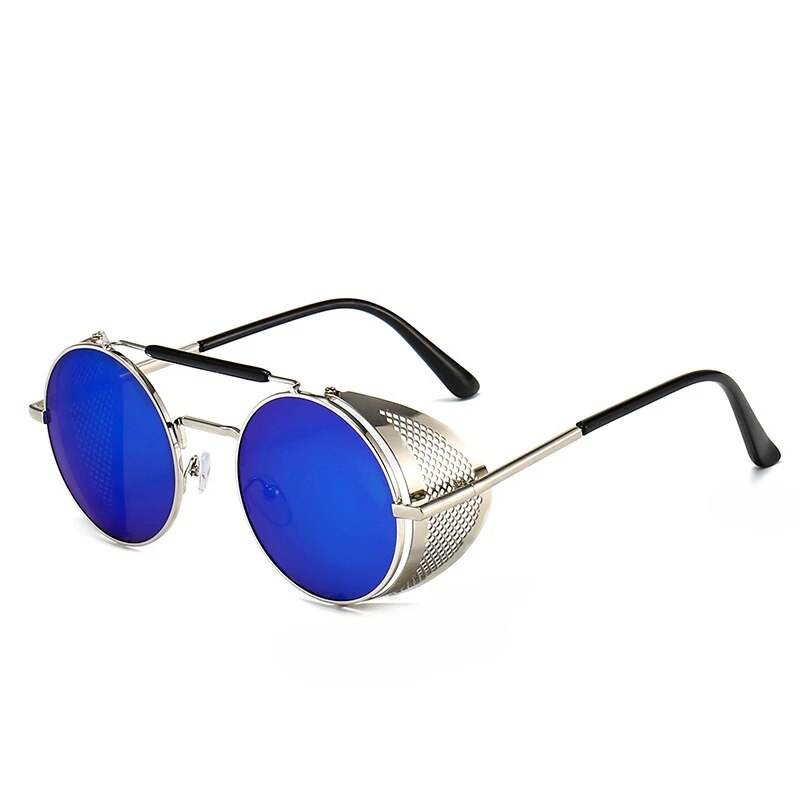 Sunglass Lover retro vintage round sunglasses with blue mirrored lenses silver metal frame and side shields