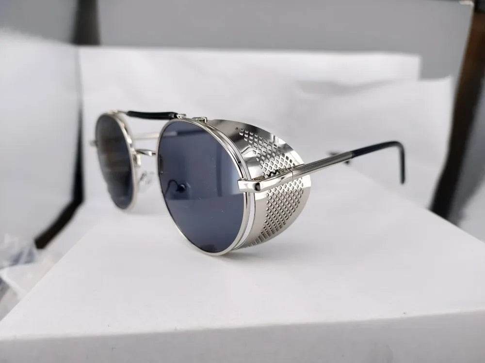 Sunglass Lover silver metal round frame with perforated side shields and dark lenses retro vintage round sunglasses