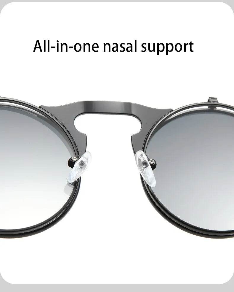 Sunglass Lover round flip up sunglasses for men close up of metal bridge and adjustable nose pads with gray gradient lenses