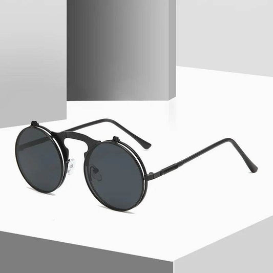 Sunglass Lover black metal round flip up sunglasses for men with dark lenses and adjustable nose pads