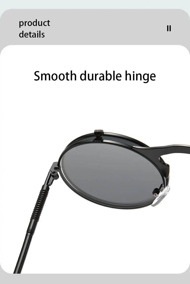 Sunglass Lover round flip up sunglasses for men close up showing smooth durable hinge on black round frame