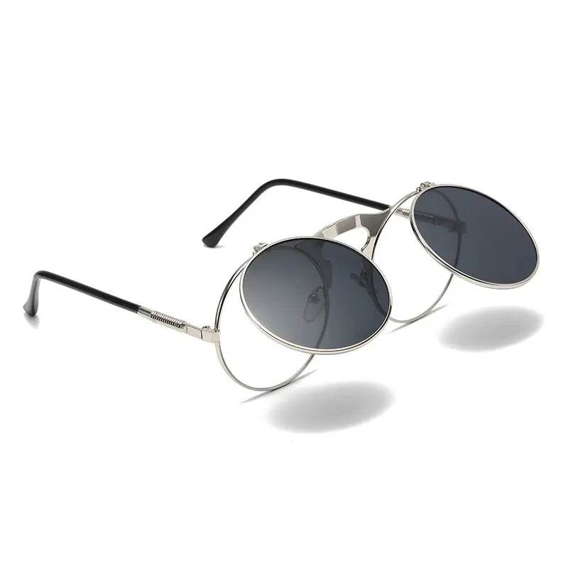 Sunglass Lover silver metal round flip up sunglasses for men with dark lenses and black temple tips