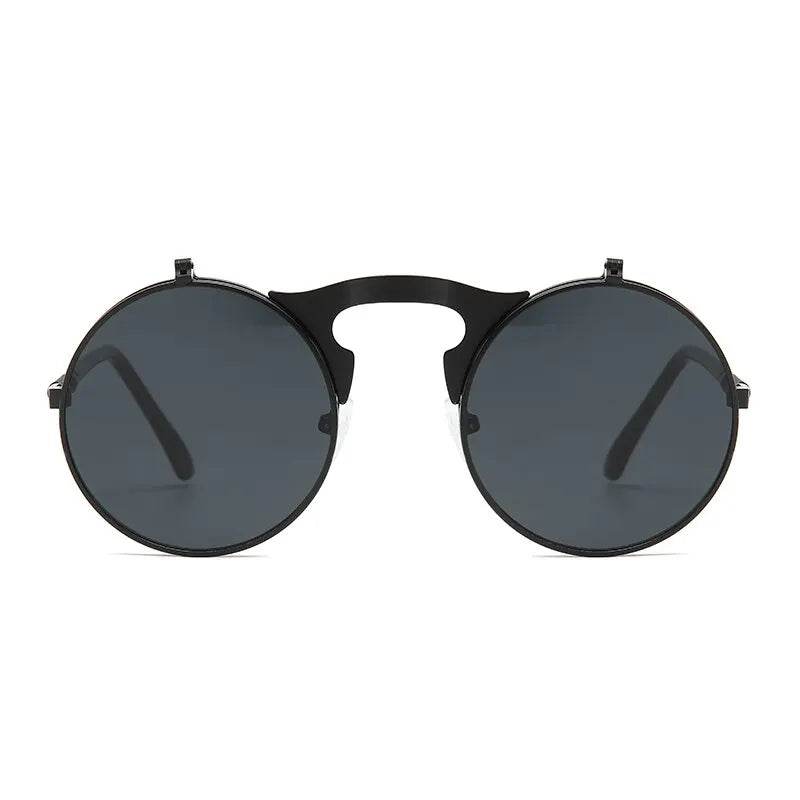 Sunglass Lover round flip up sunglasses for men black metal frame dark lenses vintage steampunk