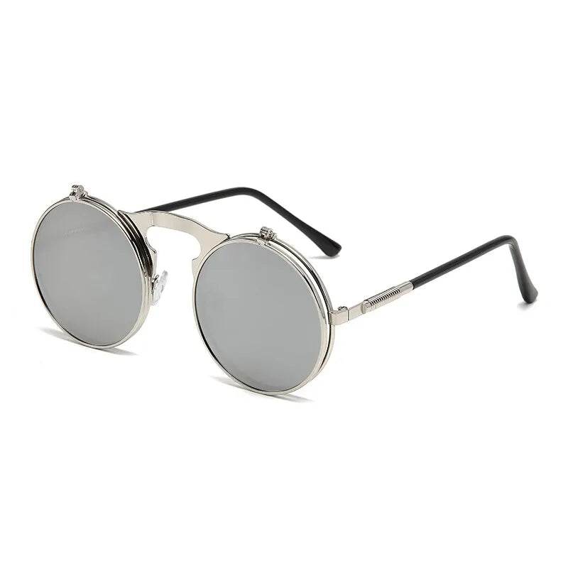 Sunglass Lover round flip up sunglasses for men silver metal frame mirrored lenses