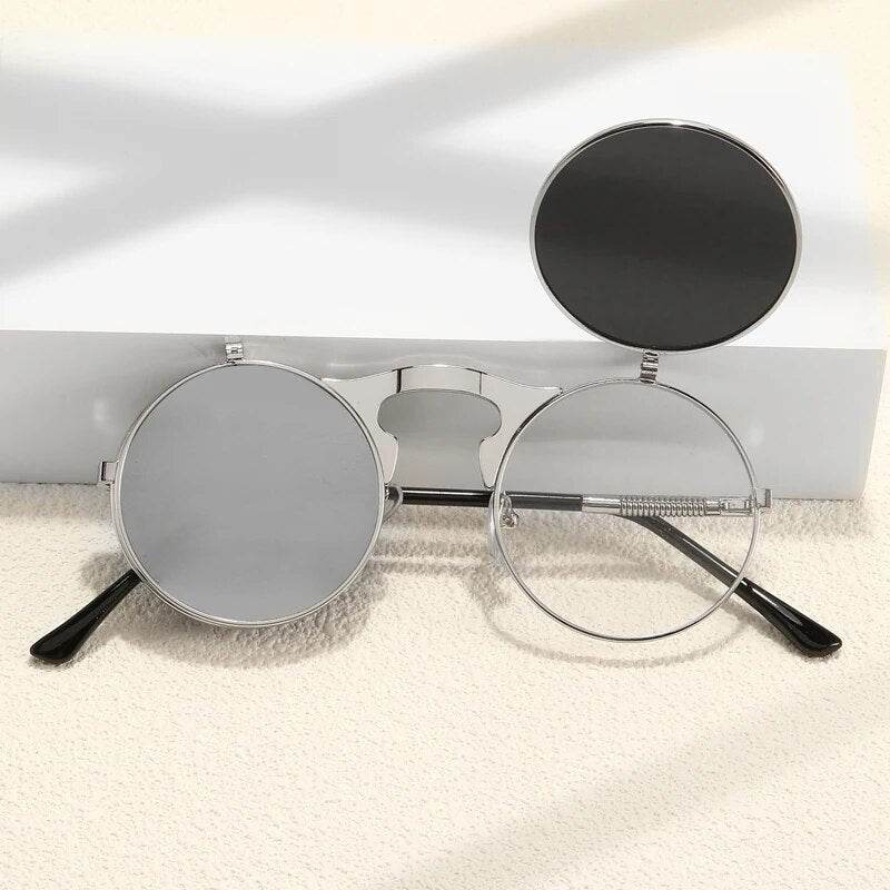 round flip up sunglasses for men Sunglass Lover silver metal round frames one flipped mirrored lens black temple tips