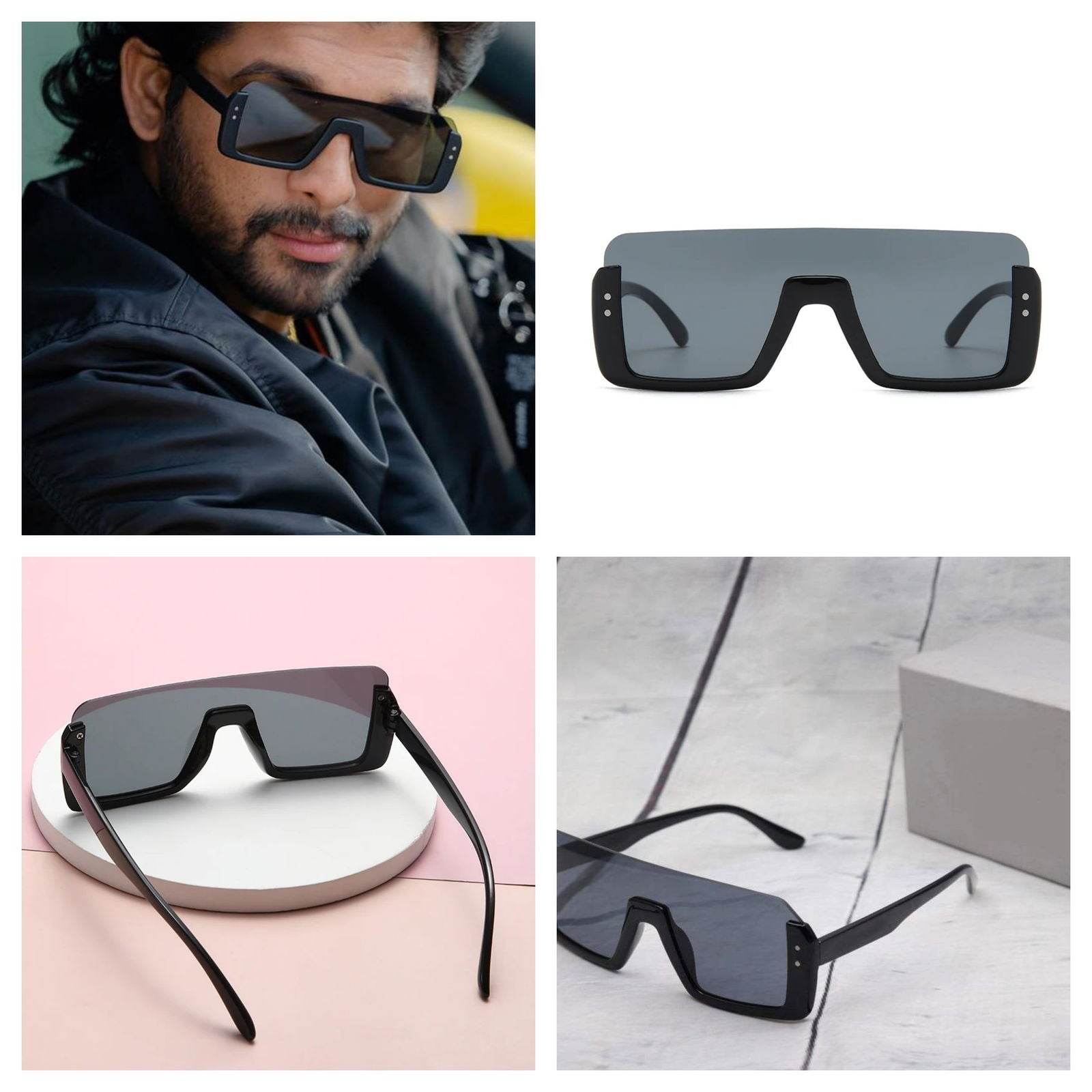 Sunglass Lover black oversized shield Allu Arjun inspired sunglasses with flat top and side rivet accents