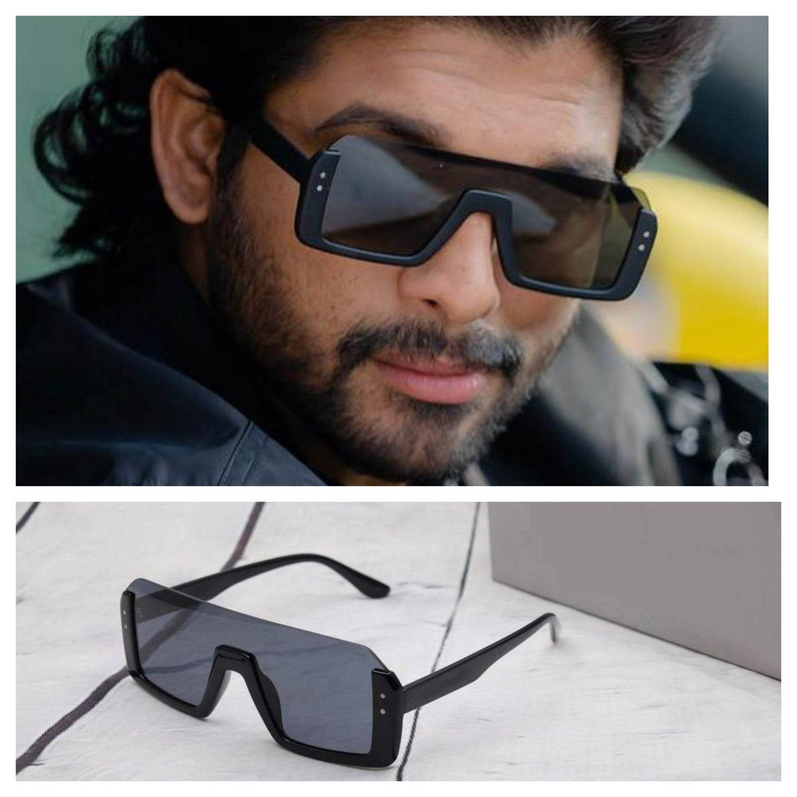 Sunglass Lover black oversized angular shield sunglasses on model and flatlay Allu Arjun inspired sunglasses