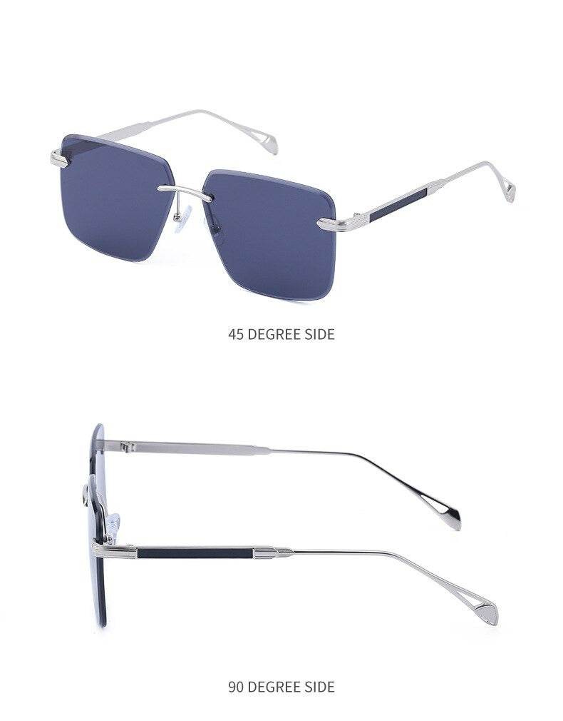 Sunglass Lover oversize square rimless sunglasses blue lenses silver metal temples side views