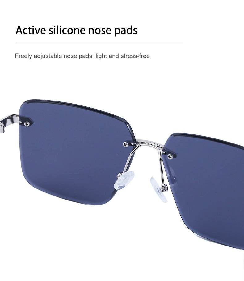 Sunglass Lover oversize square rimless sunglasses with blue lenses silver bridge and adjustable silicone nose pads