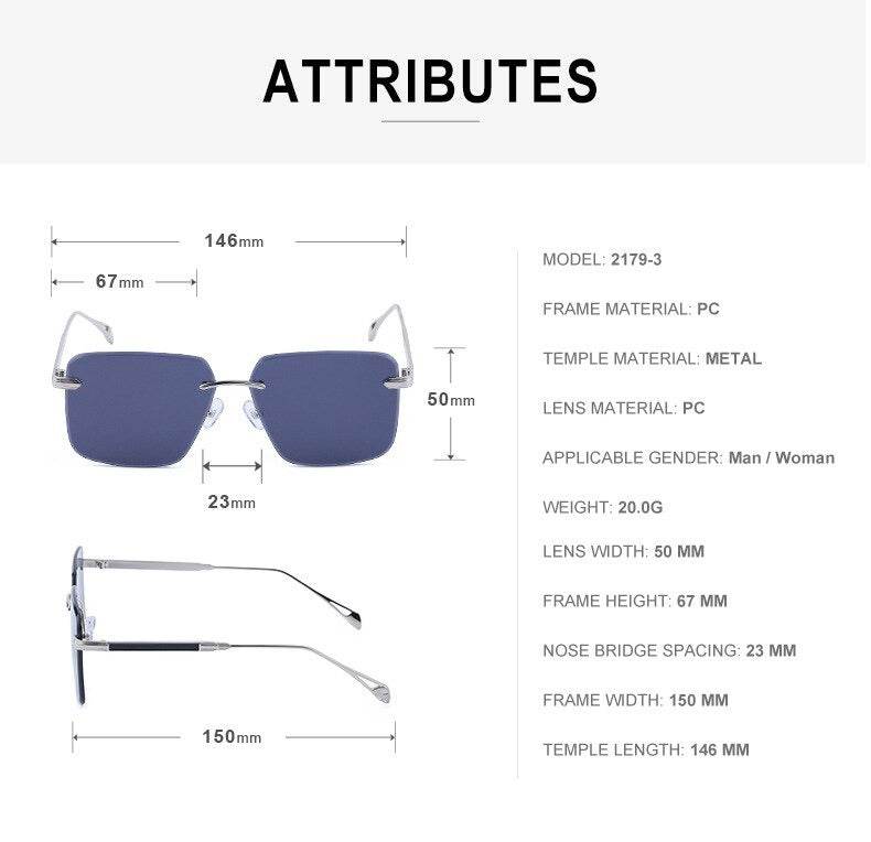 Sunglass Lover oversize square rimless sunglasses diagram with blue lenses and measurements 50mm lens 23mm bridge 150mm frame